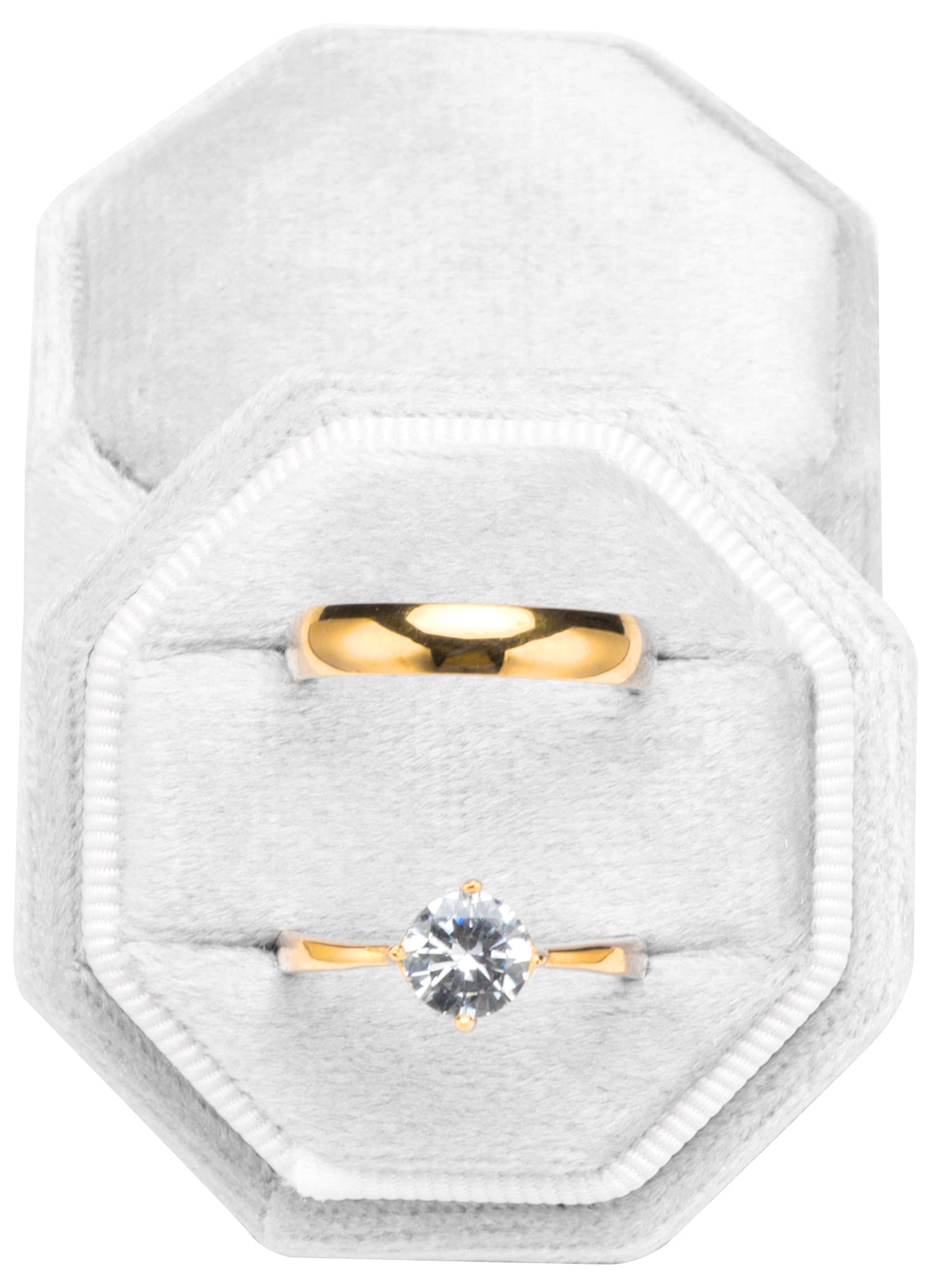 POKOFO Premium Velvet Ring Bearer Box for Proposal Engagement Wedding Ceremony - Equilateral Octagon Vintage Double Ring Display Holder with Detachable Lid (White)