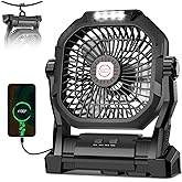 Camping Fan Rechargeable, 20000mAh Battery Powered Portable Fan with LED Light & Hook, 4-Speed 270° Adjustable, Camping Essentials for Tent, Travel, Car, Outdoor, Indoor, BBQ, Fishing, Jobsite