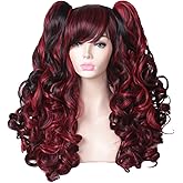 ColorGround Long Curly Multi-Color Cosplay Wig with 2 Ponytails(Black with Red)