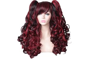 ColorGround Long Curly Multi-Color Cosplay Wig with 2 Ponytails(Black with Red)