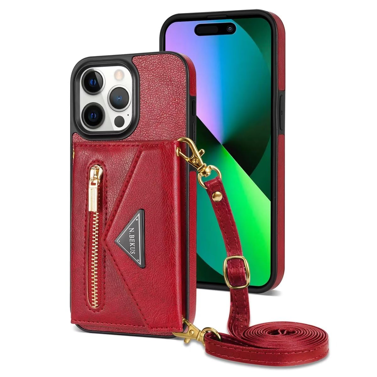 ESONG 𝐖𝐚𝐥𝐥𝐞𝐭 𝐂𝐚𝐬𝐞 𝐟𝐨𝐫 𝐢𝐏𝐡𝐨𝐧𝐞 𝟏𝟓 𝐏𝐫𝐨 𝐌𝐚𝐱,Magnetic Protective Case,Premium PU Leather Shockproof Phone Cover,with Card Slots,Kickstand,Adjustable Crossbody Lanyard Strap-Red