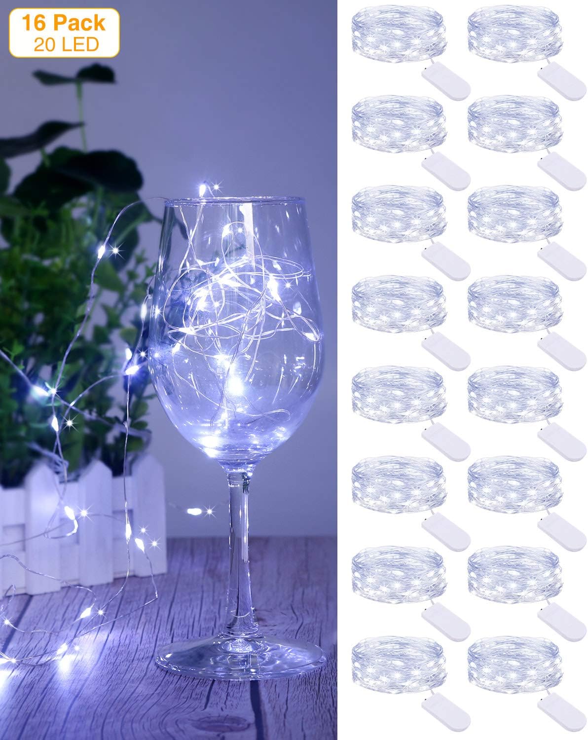 Kolpop Fairy Lights Battery Operated (16 Pack), Mini String Lights 2M 20LED Mini Led Lights Battery Operated Micro Led String Lights for Parties, Wedding, Christmas Indoor/Outdoor Decor (Cold White)