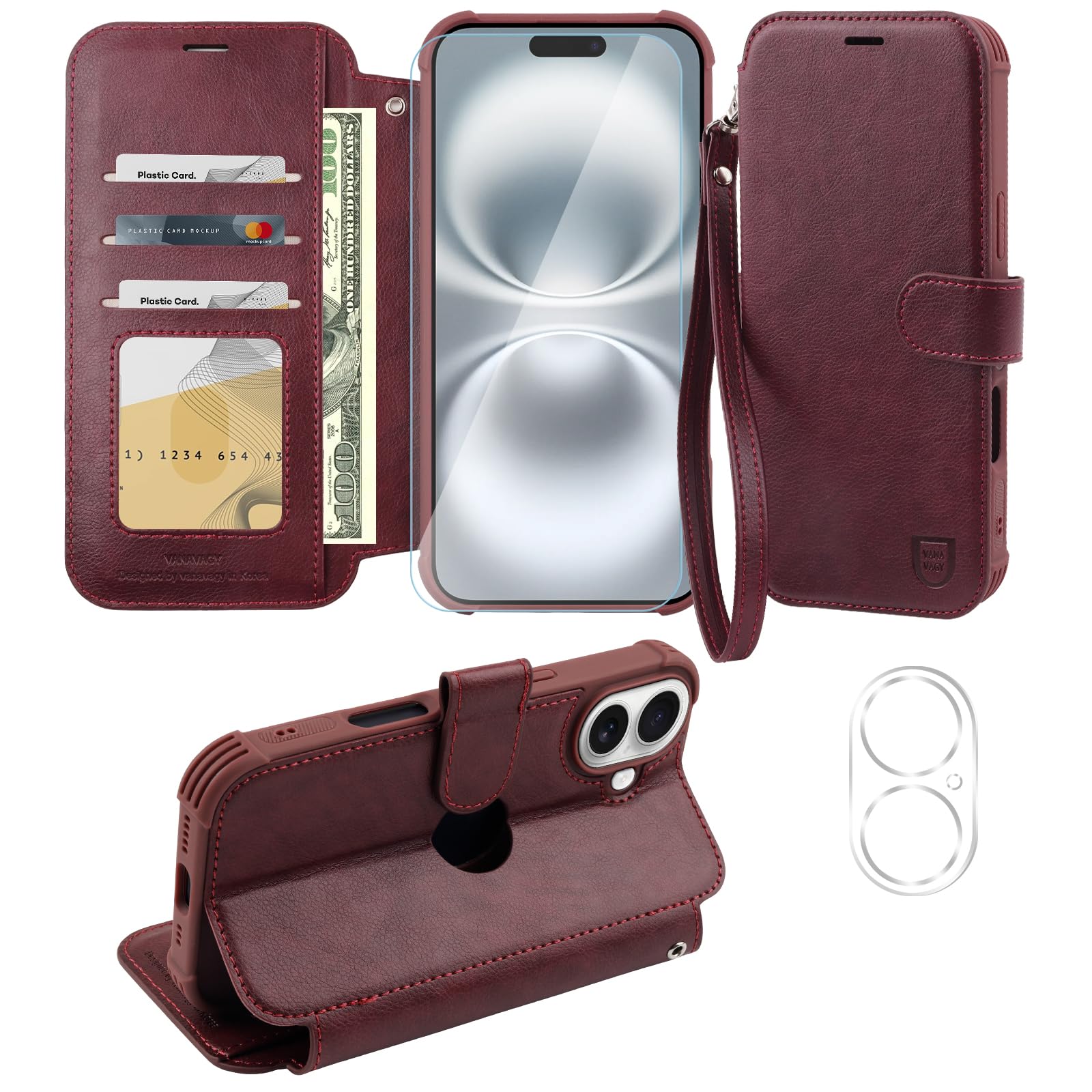 VANAVAGY Compatible for iPhone 16 Plus Wallet Case, 12ft Drop Protection, RFID Blocking PU Leather Flip Cover, Card Holder & Kickstand, Shockproof Phone Case for 16 Plus-6.7 Inch,Burgundy