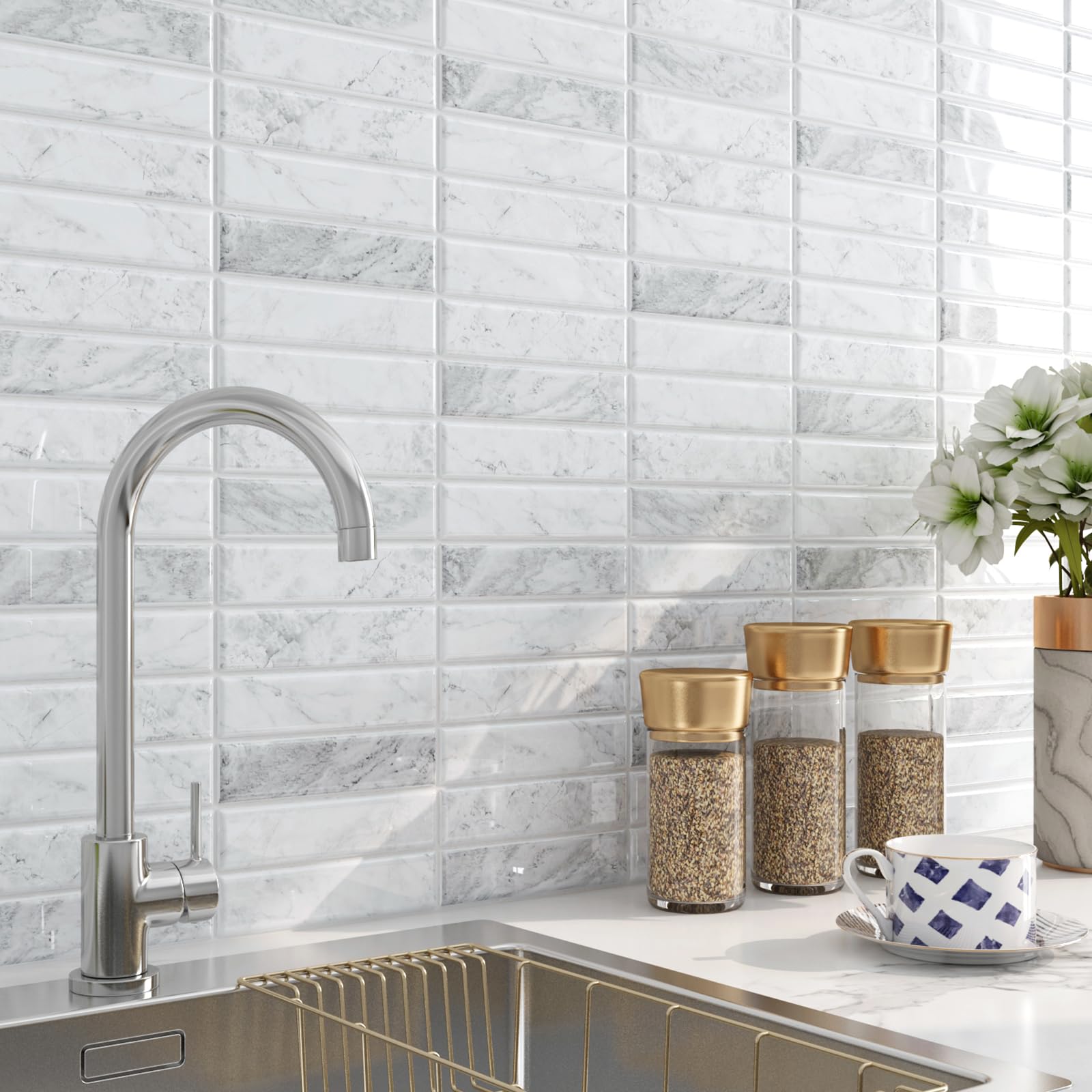 Photo 1 of FunStick 15pcs Peel and Stick Subway Tile Backsplash for Kitchen Wall 12x12 Removable Marble Grey White Peel and Stick Tile for Bathroom Shower Renters Self Adhesive Back Splash Stick on Tiles Sticker