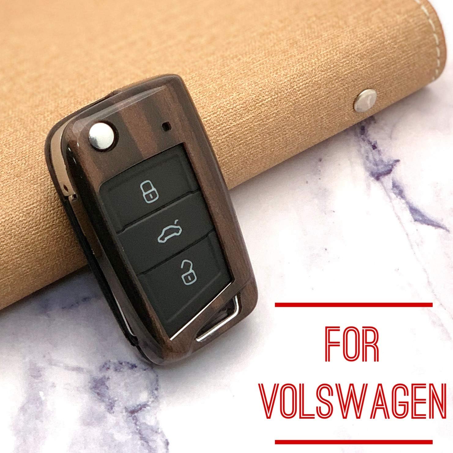 SecondStage Car Key Cover for VW Golf 7 MK7 - Lucite Material Protective Key Fob Case for VW polo Seat 3 Buttons (Brown Wood) - Image 3