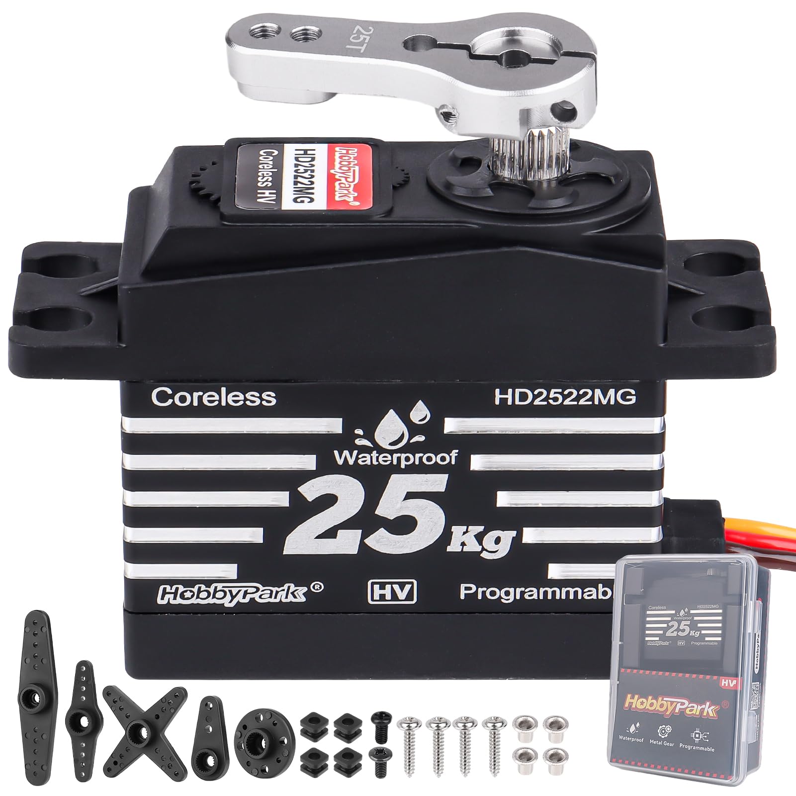 Photo 1 of HobbyPark Waterproof 25KG RC Servo High Torque Coreless Motor Metal Gear Standard Digital Servo for 1/8 1/10 RC Cars Trucks Buggy Arduino Servo Robotic Control Angle 180 with Metal Servo Horn Arm