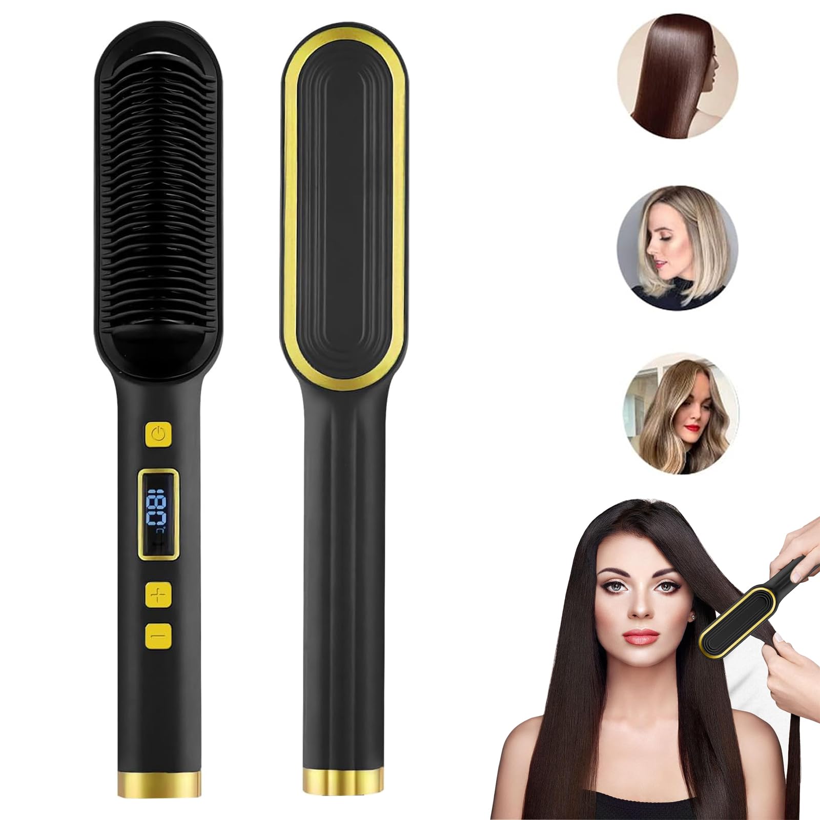 Hair Straightener Brush - 20s Fast Heating & Adjustable Temp, Smooth Frizz-Free Hair for All Types (Black)