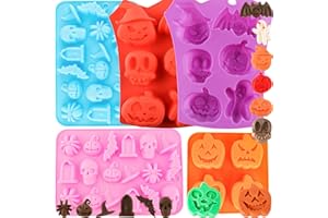 COUUWICK Halloween Silicone Chocolate Molds 5PCS Pumpkin Bat Skull Ghost Spider Shape Baking Molds Large Medium Small Cavity for Chocolate Jelly Soap Fondant Candy Candles Pastry Gummies Cake Decorating