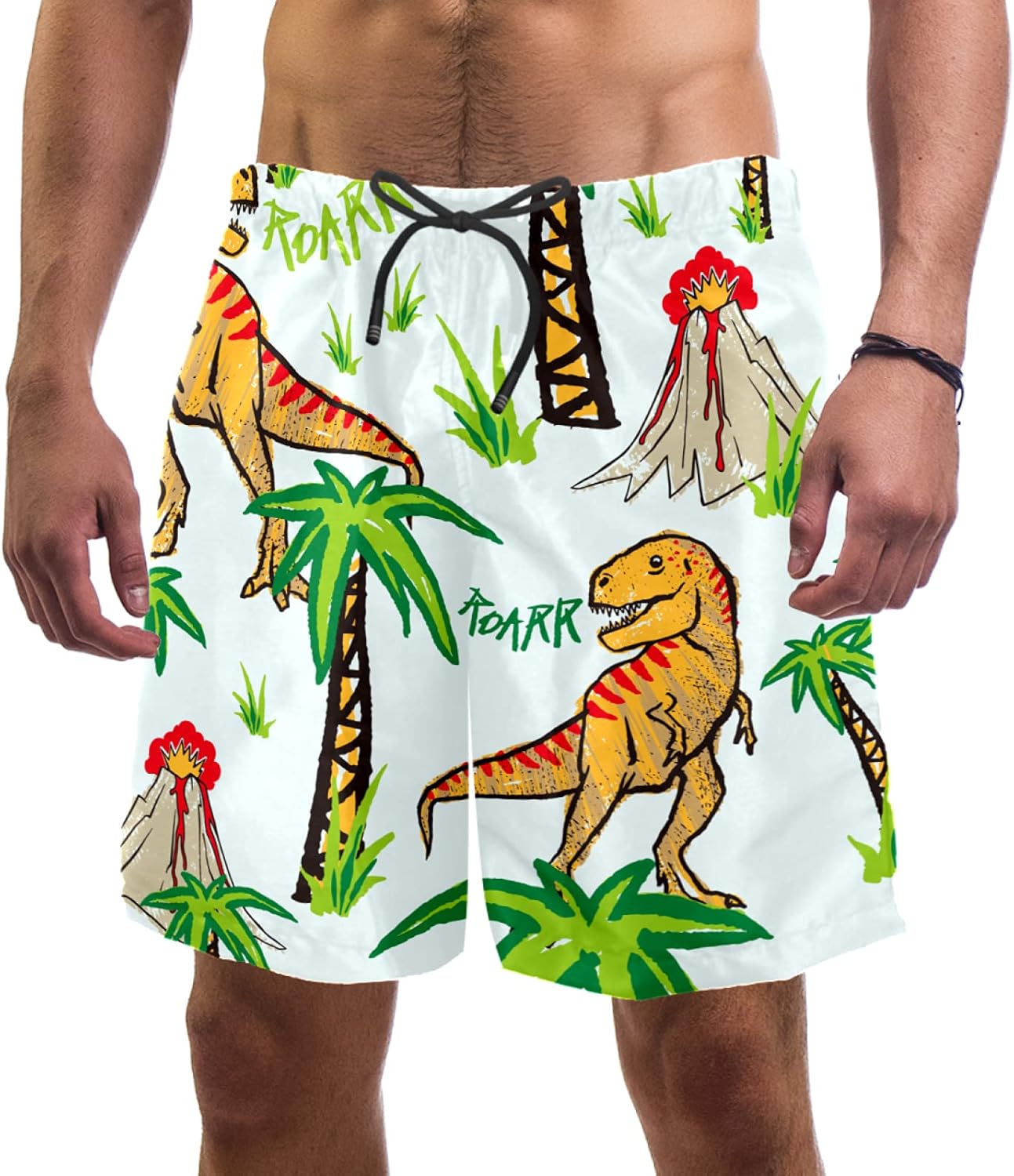 Men's Swim Trunks Dinosaur Animal Board Shorts with 2 Pockets Surfing