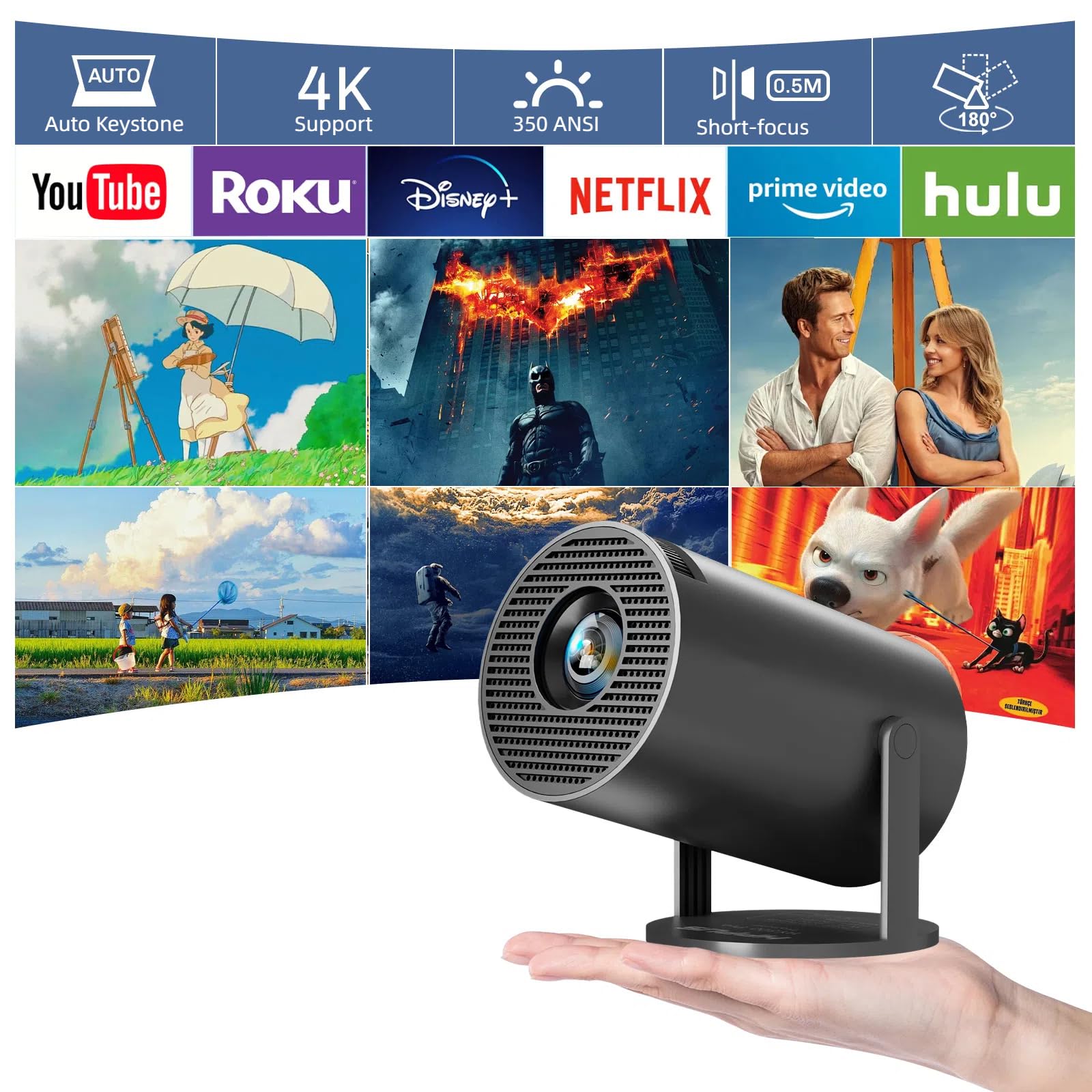 [180°Adjustable Stand] Smart Mini Projector with