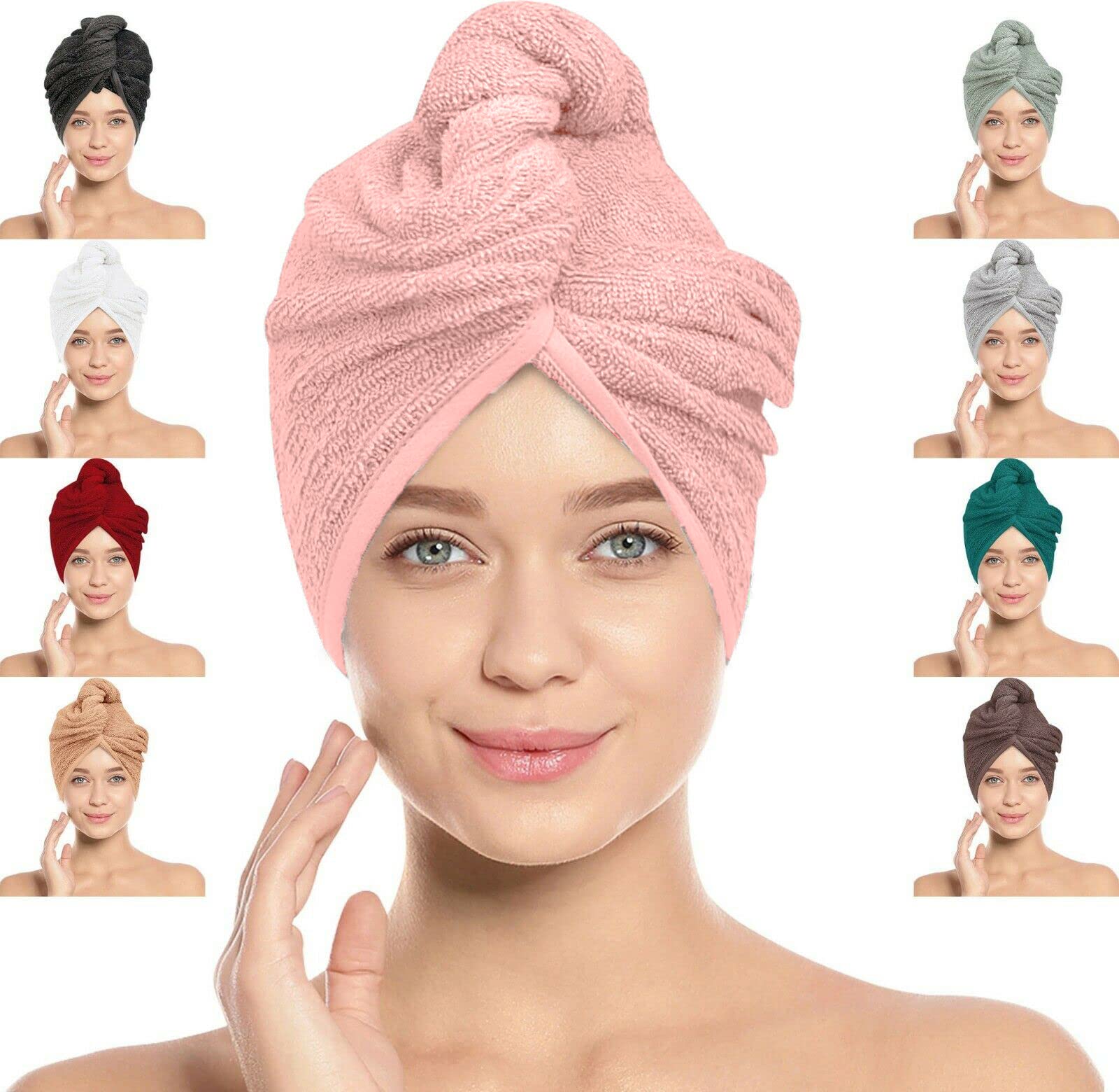 LOOM KNIT Hair Towel Wrap Turban, Instant Drying 100% Cotton Hair Cap Super Quick Absorbent Anti-Frizz Twist Toweling Dry Hat with Button and Loop for Long Curly Hairs, 64 x 24CM, Light Pink