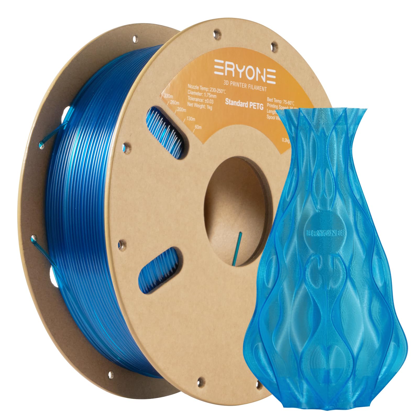 ERYONE PETG Filament 1,75 mm, 3D Printer Filament PETG, +/- 0,03 mm, 1 kg/Spool,Transparent Blue