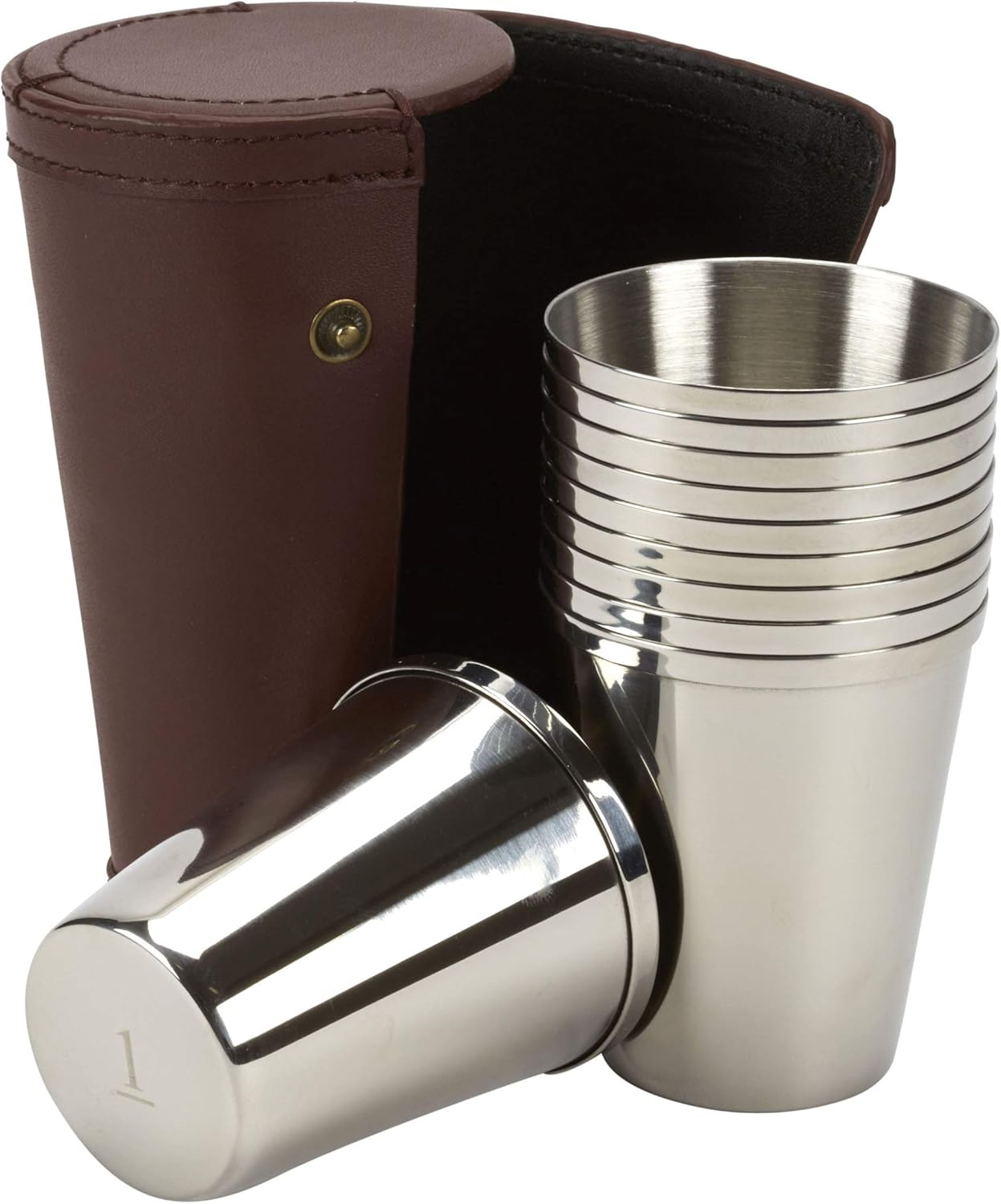 10 small stainless steel tumblers / tot cups (4fl oz), numbered on the bottom for drinks and as a peg finder