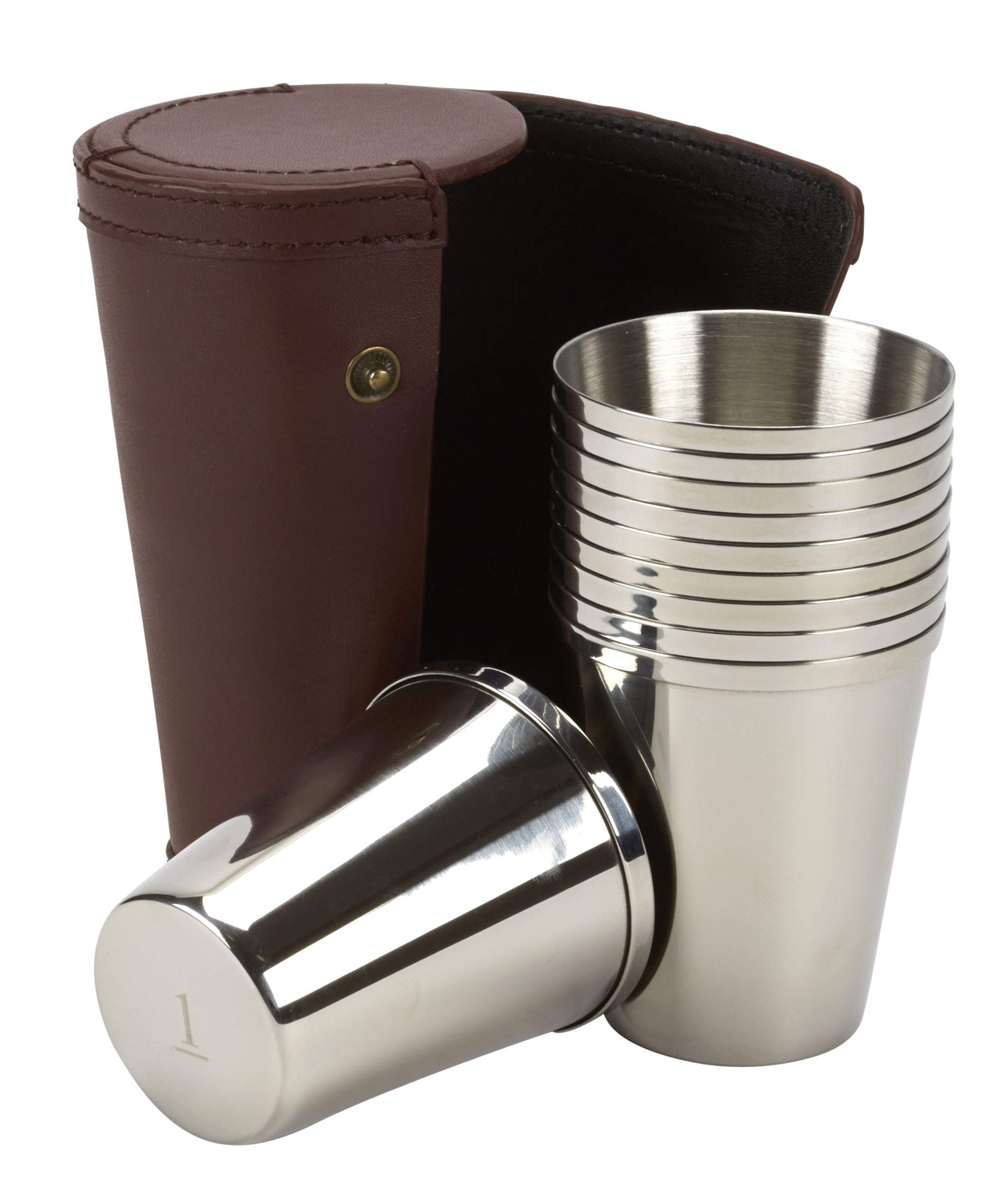 10 small stainless steel tumblers / tot cups (4fl oz) - numbered on the bottom for drinks and as a peg finder - approx 4.5"/12cm tall - ideal for a jacket pocket - comes in a leather stud case (3385)