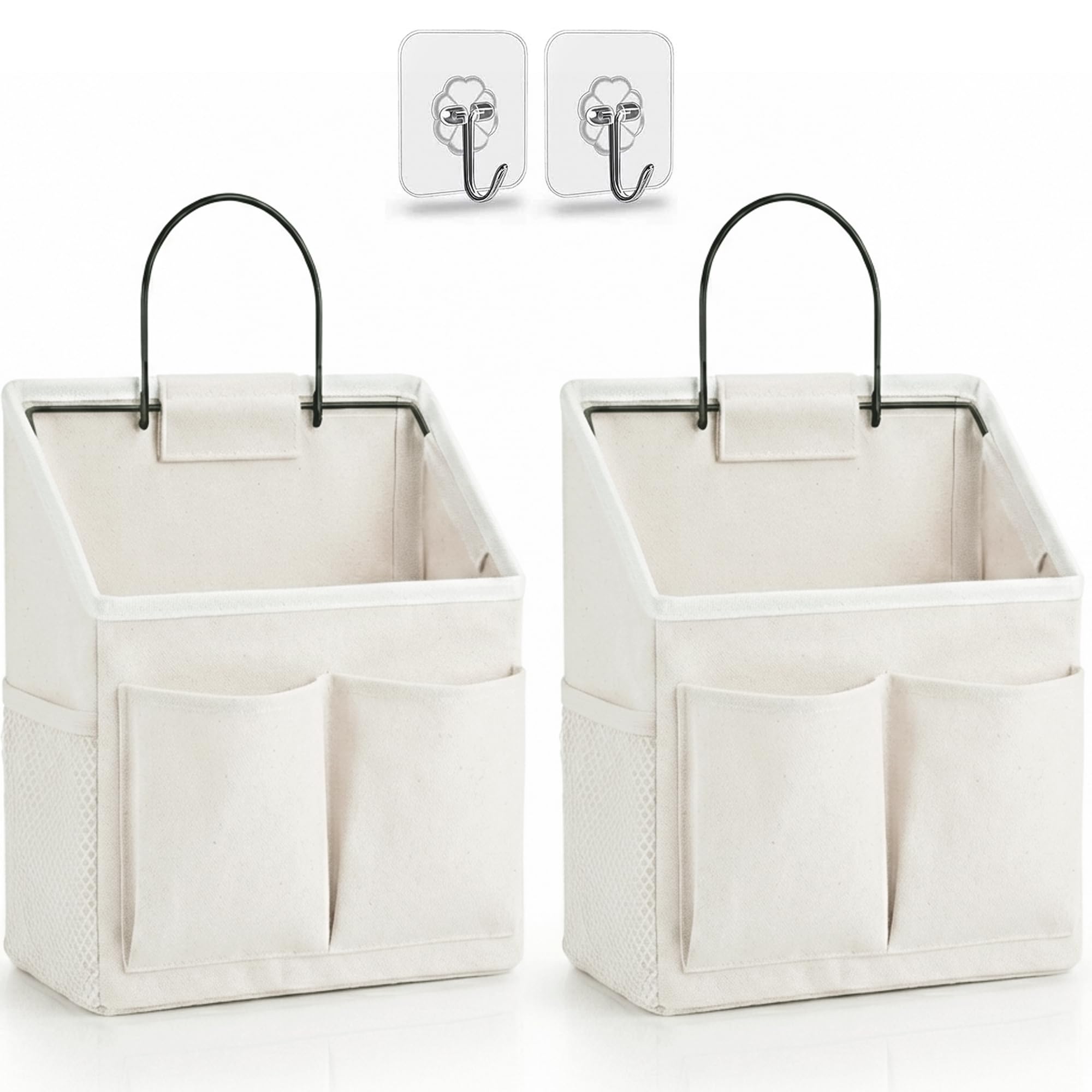 Kanrichu 2pcs Wall Hanging Organizer Bag, Linen Fabric Door Hanging Storage Basket with Pockets, Waterproof Bin for Kitchen, Bedroom, Office, RV Camper (White-Upgraded)