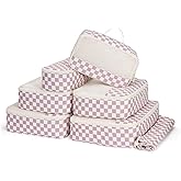 Narwey 7 Set Checkered Packing Cubes for Travel Carry on Suitcase Luggage Organizer Bags for Kids Women Men, Durable Packing Organizers Bag, Travel Essentials Accessories (Dusty Pink Checkerboard)