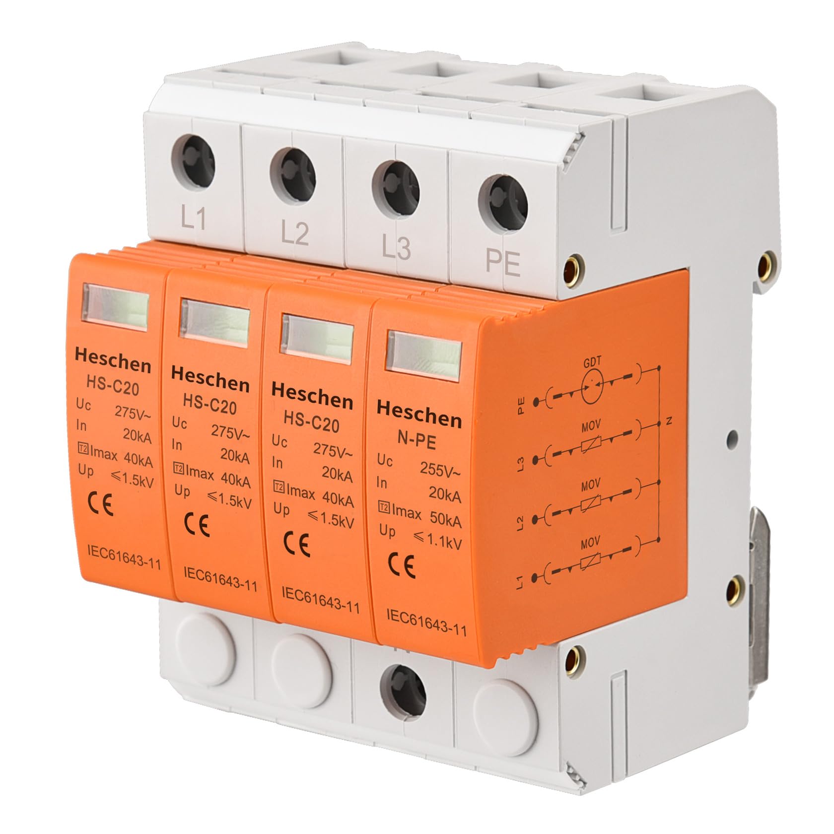 Heschen Surge Protective Device SPD, HS-C20, 275VAC 20KA, 3+N-PE, Fire-Proof, Low-Voltage Arrester, 35mm DIN Rail Mounting