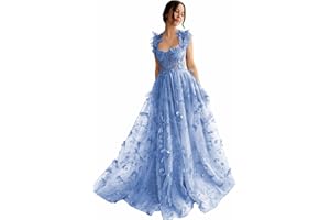 QFMYYXGS 3D Butterfly Tulle Prom Dresses for Women 2025 Long Lace Applique Ball Gown Formal Evening Party Gown with Slit