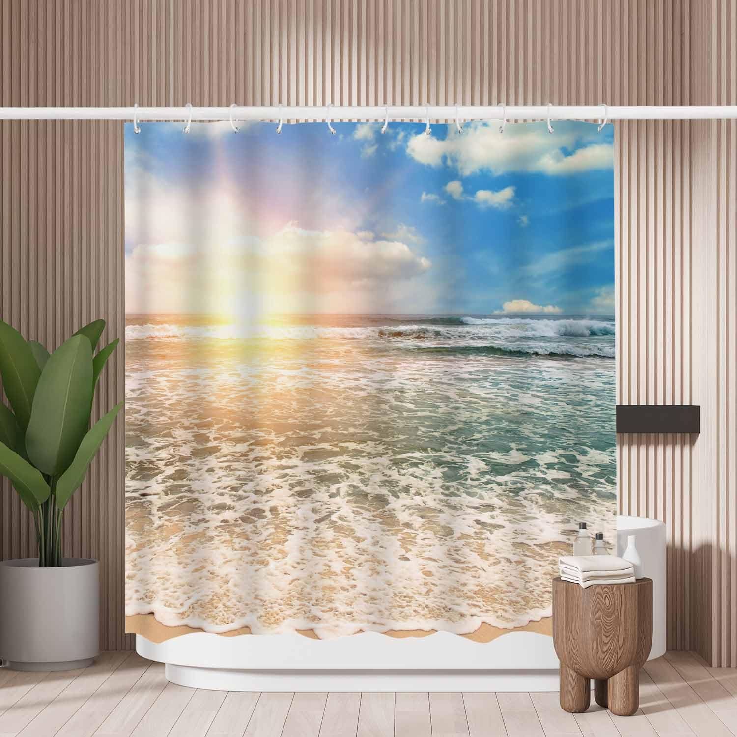 Woutay Shower Curtain Mould Proof Resistant Beautiful Sunrise over The Sea,Water Repellant Fabric,Polyester,with 12 Plastic Hooks,Size 180x180CM