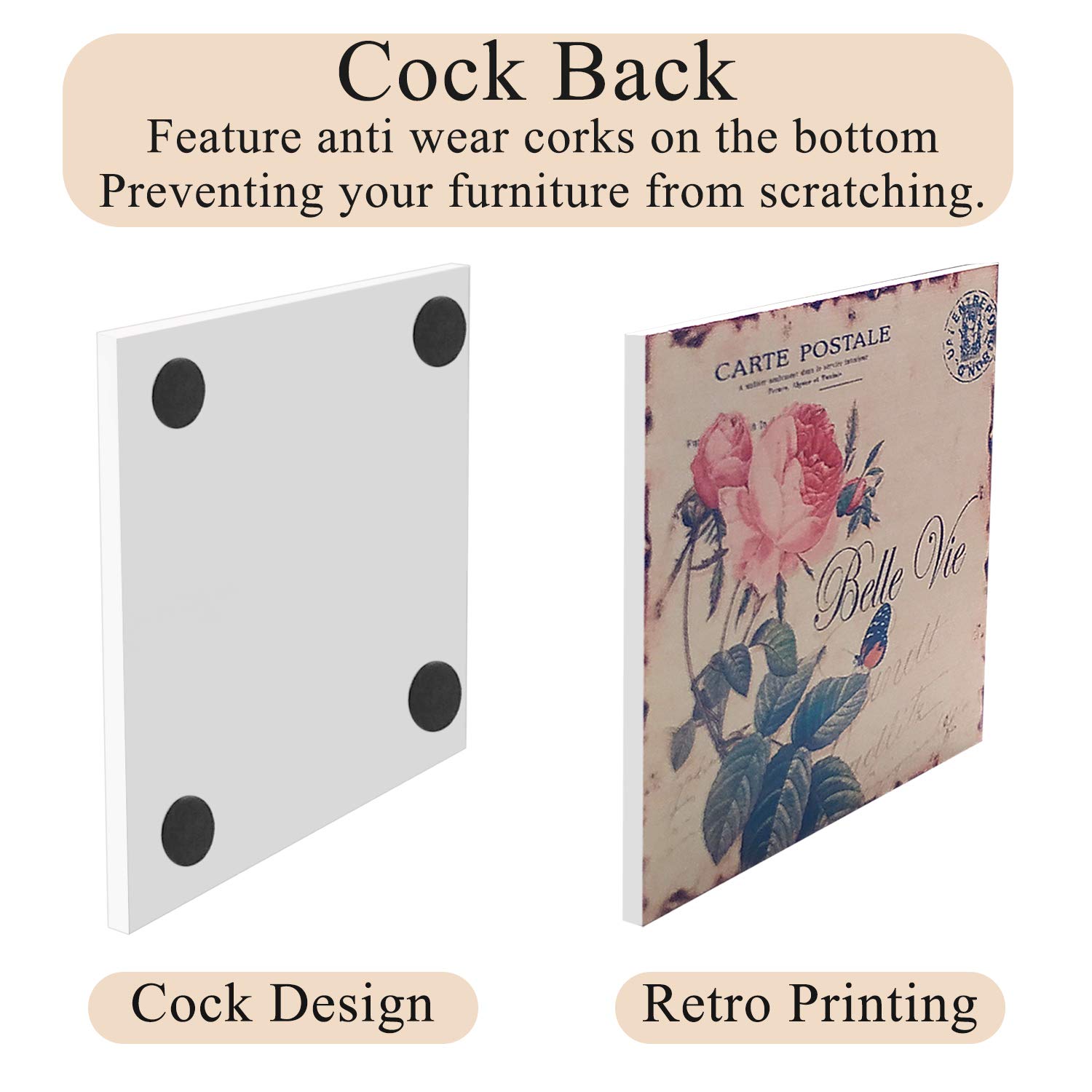 LoveHome Decor Coaster for Drinks,6 PCS,Retro Floral Wooden Coasters Set with Holder, Heat-Resistant Reusable Saucers for Cold Drinks Wine Glasses Plants Cups & Mugs