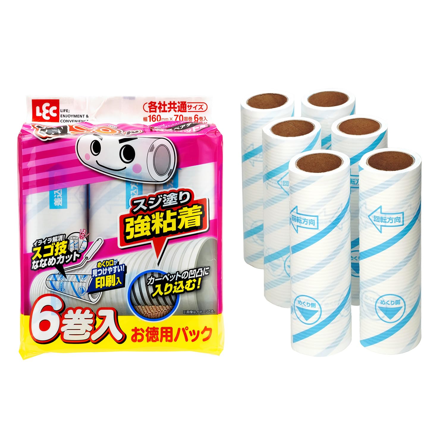 レック 激コロ スゴ技カット スジ塗 強粘着 70周 スペア 6個入 ( カーペットクリーナー ) S00004 白商品画像
