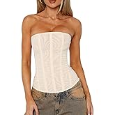 UAURORAO Women Mesh Renaissance Corset Top Strapless Back Zip Up Boned Bustier Tops Y2k Going Out Tube Bandeau Tops