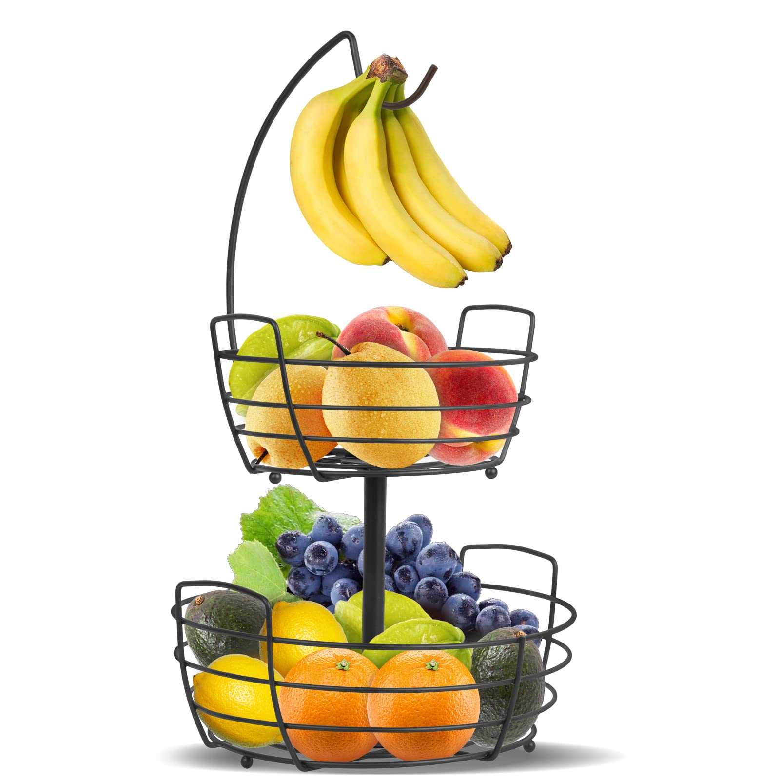 Mutool 2-Tier Fruit Racks, Metal Countertop Fruit Vegetable Bowls with Banana Hanger, Perfect for Holding Vegetables, Eggs, Snacks (Black)