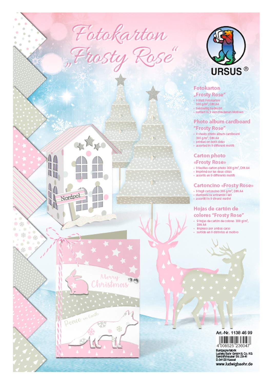 Ursus 11384699 Photo Card Frosty Rose 9 Sheets Assorted in 9 Designs 300 gsm DIN A4 Fresh Cellulose Printed on Both Sides Colourful One Size