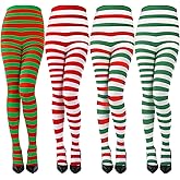 Sumind 4 Pairs Christmas Women Striped Tights Red Green White Striped Stocking Adult Elf Tight Halloween Cosplay Elf Costume
