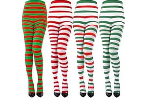 Sumind 4 Pairs Christmas Women Striped Tights Red Green White Striped Stocking Adult Elf Tight Halloween Cosplay Elf Costume