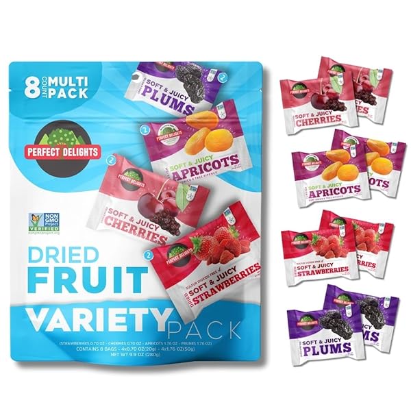 PERFECT DELIGHTS MULTIPACK SUN-DRIED FRUITS, VEGAN, HEALTHY SNACK PACKS, DRIED FRUITS ON-THE-GO, VARIETY FRUIT PACK FOR KIDS & ADULTS, APRICOTS, PLUMS, SOUR CHERRIES, STRAWBERRIES (8 PACK/ 2 OF EACH)