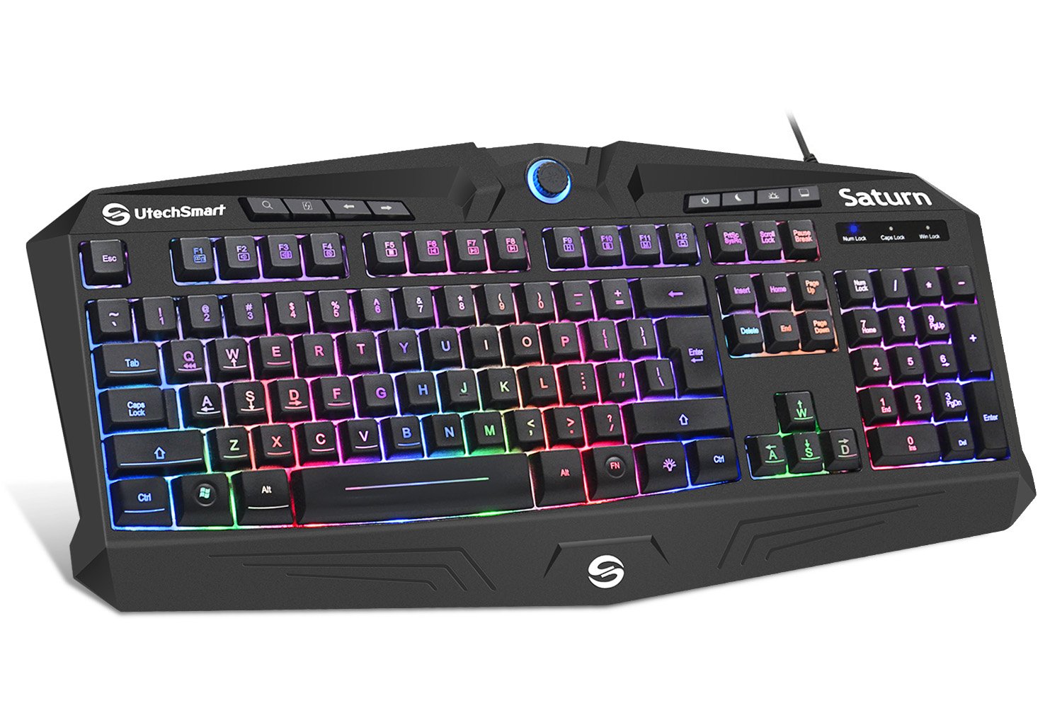 Gaming Keyboard, UtechSmart Saturn Rainbow LED Backlit 104 Key Computer PC Wired Silent Gaming Keyboard with Wrist Rest