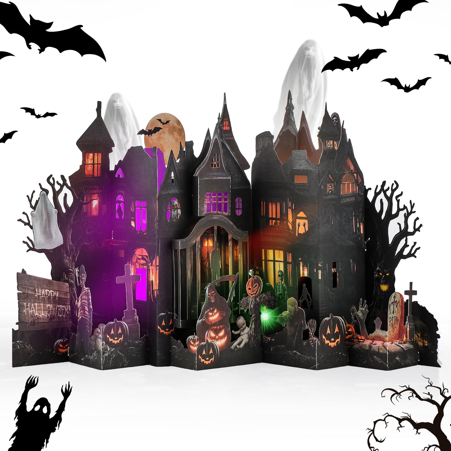 Photo 1 of Aukuoy Halloween Pop Up Cards, 3D Haunted House Card with Spooky Lights & Sound, Pop Up Halloween Cards with Envelope and Note Card