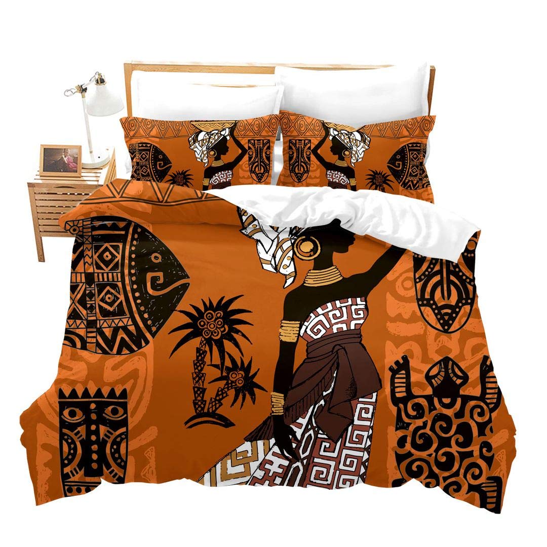 Loussiesd African Duvet Cover Set Double Size Ethnic African Landscape Print Bedding Set Afro Woman Animal Comforter Cover Aboriginal Bedspread Cover Microfiber Quilt Cover Luxury Zipper &Ties — image 1