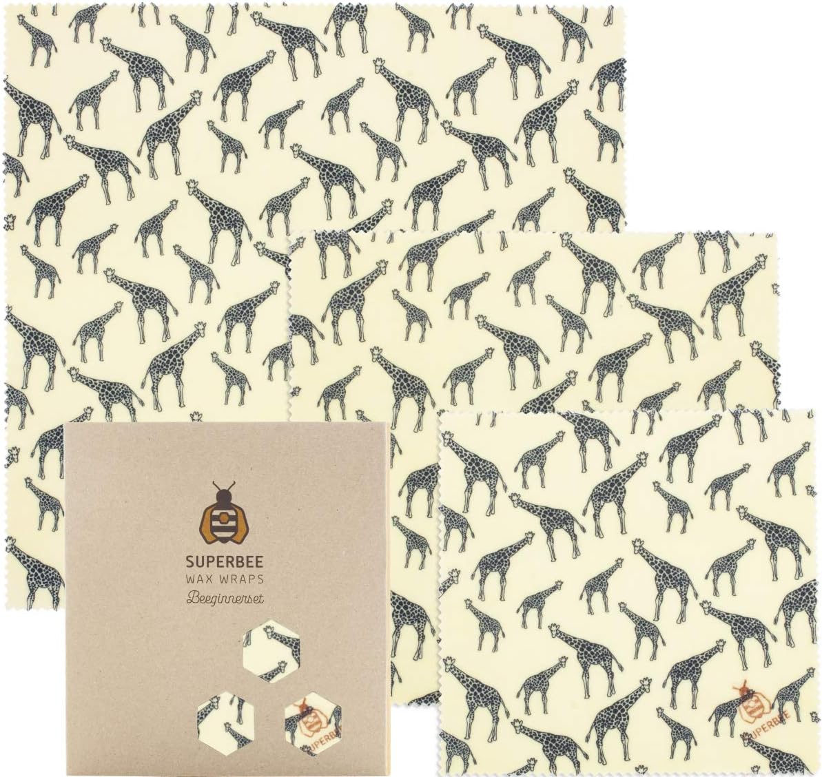 Superbee Beeswax Wrap | Set of 3: Small, Medium and Large | Giraffes | Reusable, Eco Friendly, Zero Waste Food Wrap