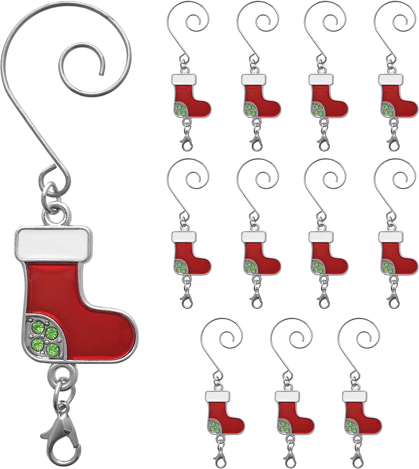 Ornament Hooks - Christmas Boot/Stocking Ornament Hook with S-Hook and Lobster Claw - Set of 12 - Enameled Red & White Boot / Stocking with Green Jewels - Xmas Accessories & Accents for Hanging Ornaments