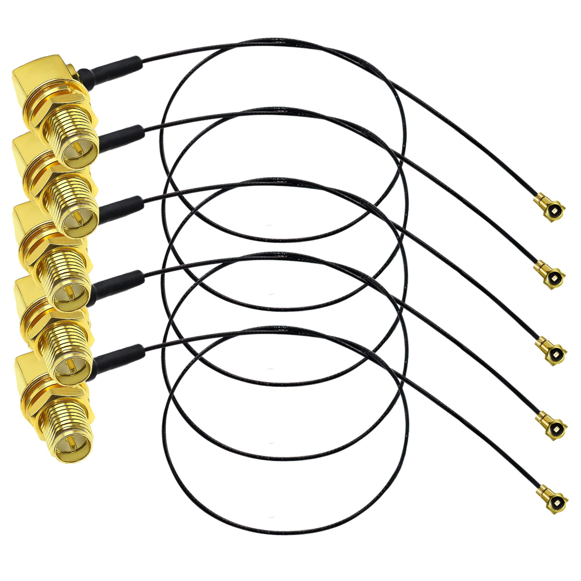 TUOLNK 12in (30cm) 5 Pack Black Round Indoor Coaxial Extension Cable, U.fl IPEX to RP SMA Female Right Angle, WiFi Router, Access Point, Bridge, Repeater
