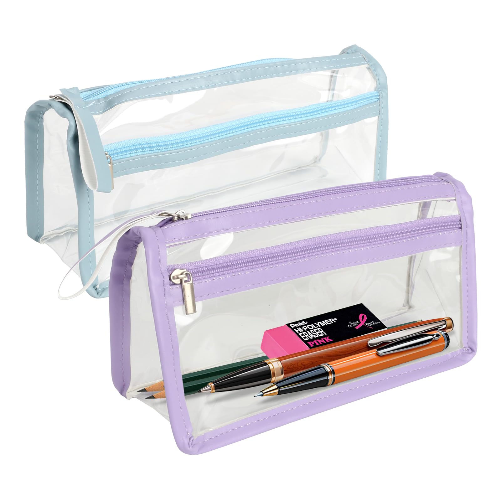 2pcs Clear Pencil Case, Transparent Pencil Case, 2 Compartment Pen Bag, Practical Multifunction Pencil Pouch, Transparent Makeup Bag for Teen Student College Business Travel Office Adult(Blue-Purple)
