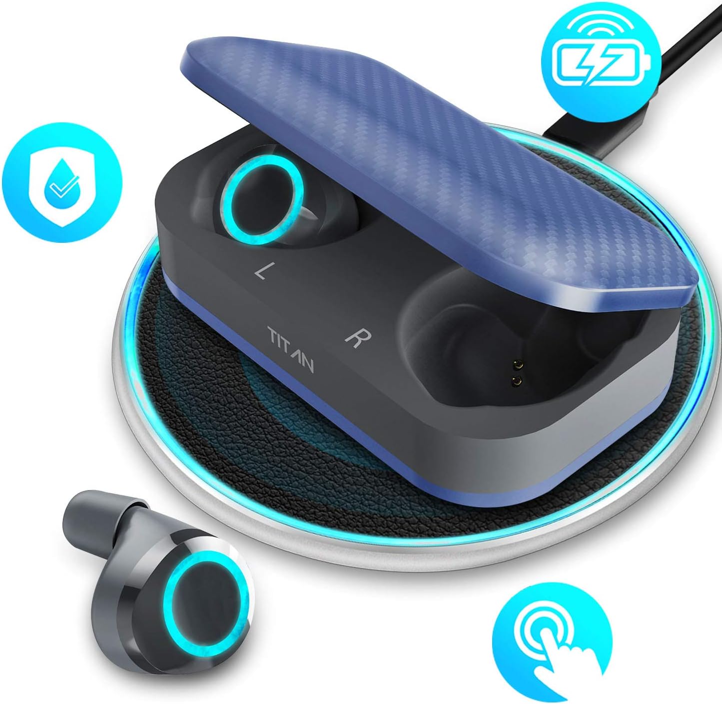 Wireless Earbuds,Waterproof Bluetooth5.0 Earbuds with Qi-Enabled Wireless Charging Case,Magical Ice Blue Breathing Light, Wireless Headphones HD Stereo Sound 24H Playback Time
