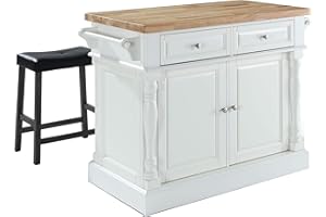 Crosley Furniture Oxford Butcher Block Kitchen Island, Coffee Bar, with a Set of 2 Upholstered Saddle Stools, White/Black