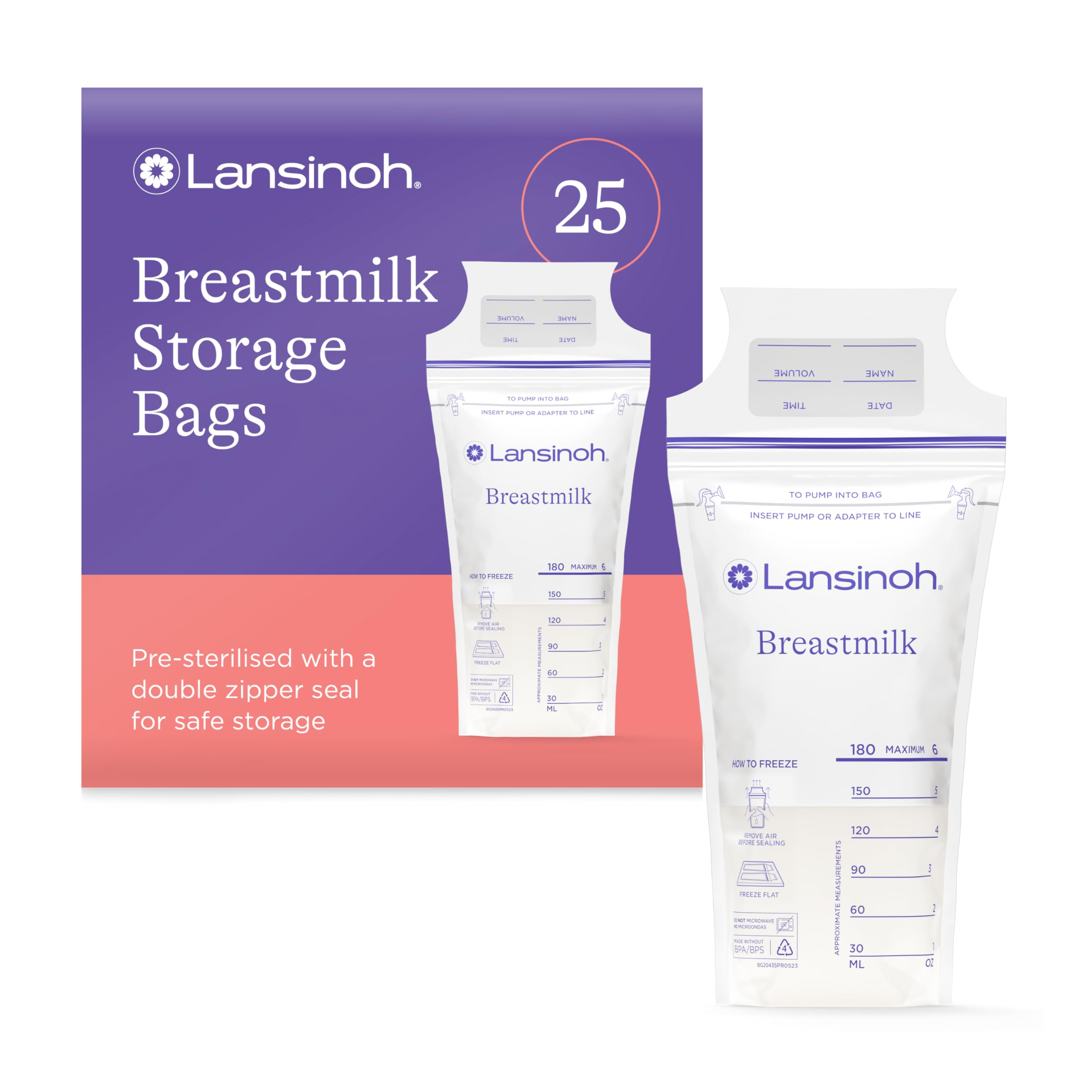 Lansinoh Breast Milk Storage Bags - Pre-Sterilised, Leakproof & BPA/BPS-Free - Fridge & Freezer Breastmilk Pouches - Pump into bag with Lansinoh Breast Pumps - Breastfeeding Essentials - 25 Pack