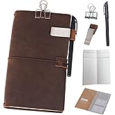 newestor Refillable Leather Journal Travelers Notebook - 8.5 x 4.5 Travel Diary with 5 Inserts + Pen Holder and Binder Clip, Standard Size, Brown