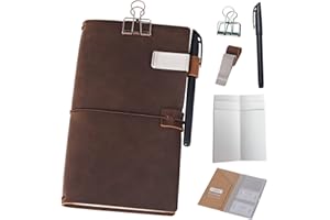 newestor Refillable Leather Journal Travelers Notebook - 8.5 x 4.5 Travel Diary with 5 Inserts + Pen Holder and Binder Clip, 