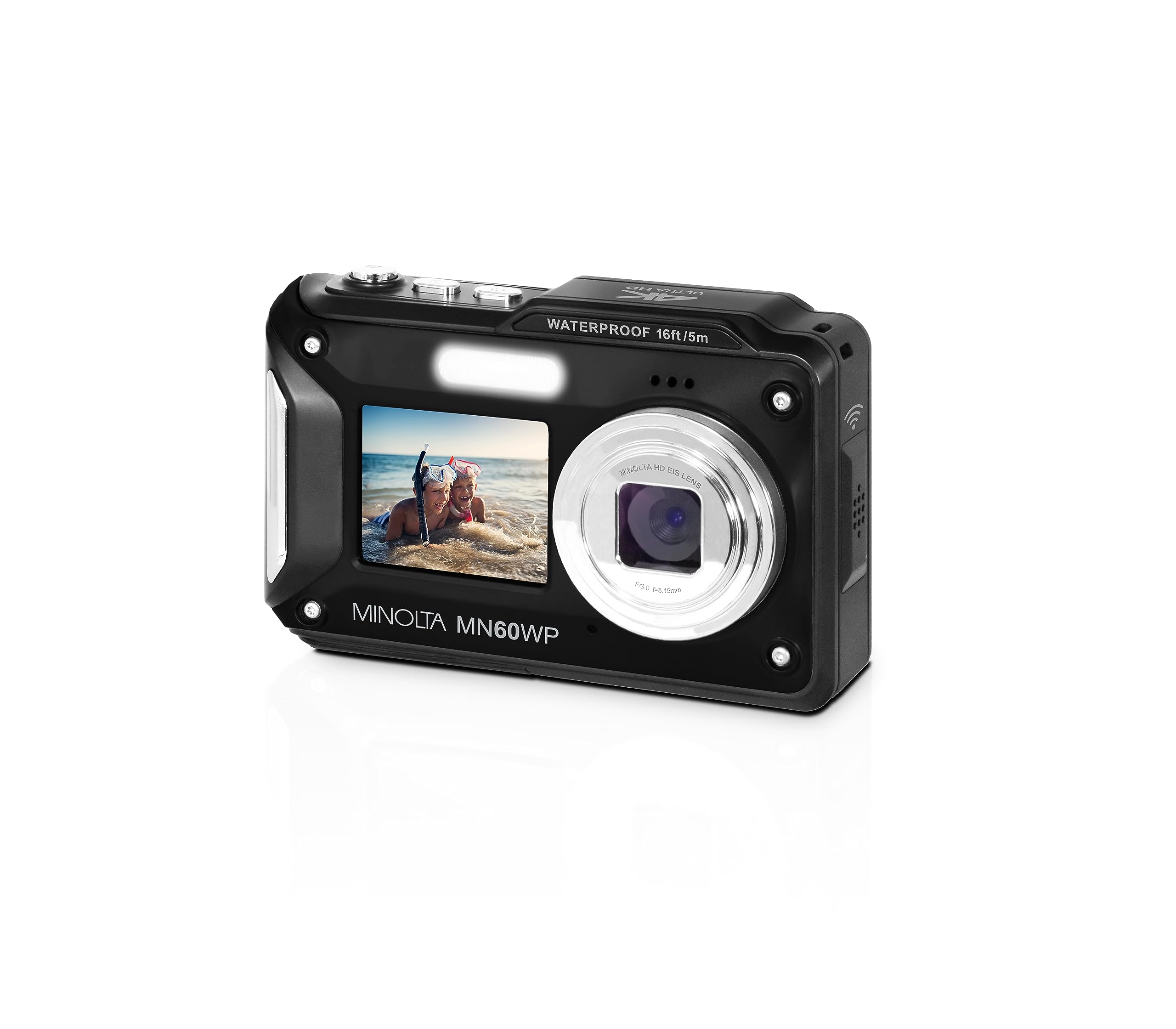 Minolta Waterproof Digital Camera - 48MP Photos, 4K UHD Video, Dual LCD Screens, 16ft Waterproof, 16X Zoom, Anti-Shake, Slow Motion, Compact Point-and-Shoot for Travel & Underwater (Black)