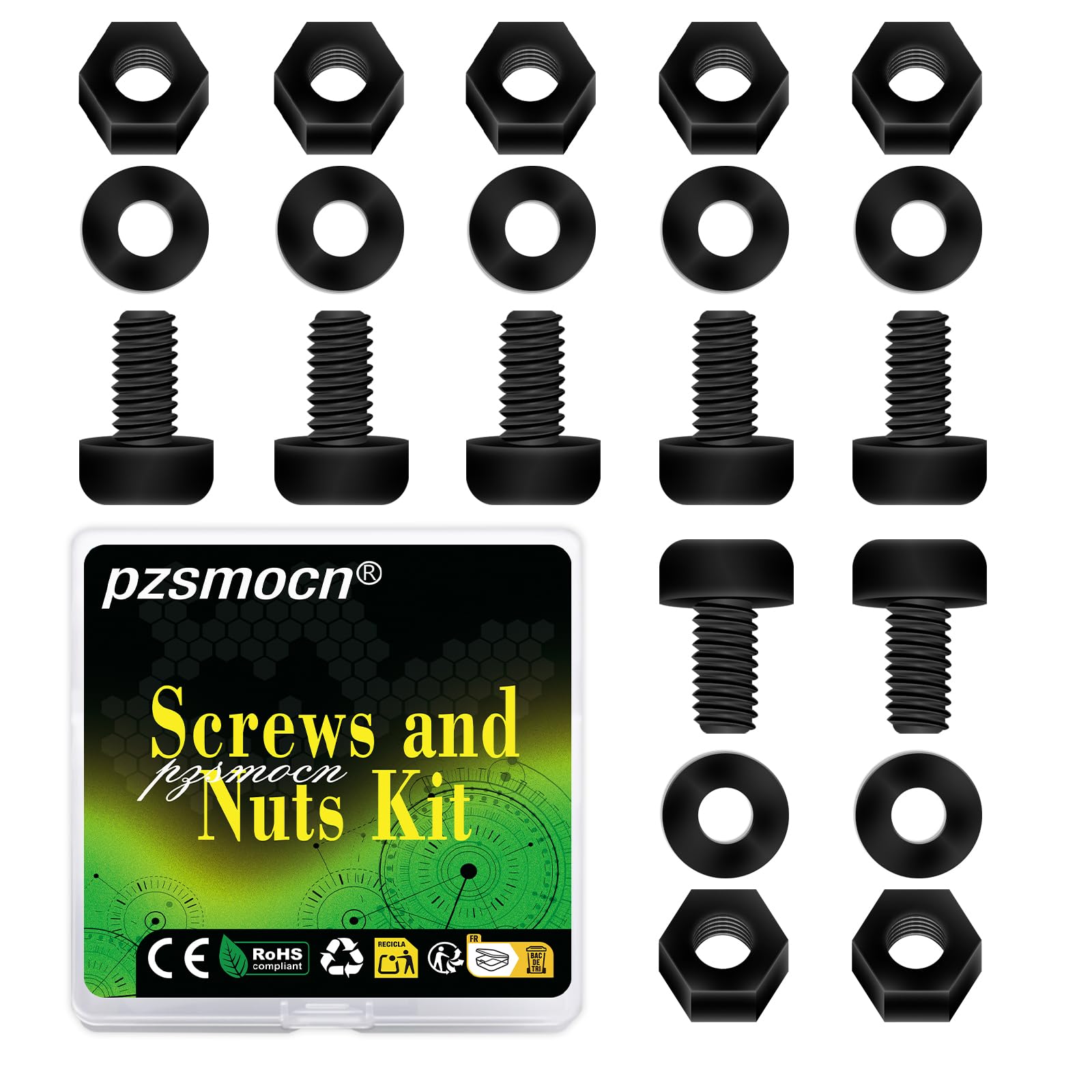 Pzsmocn 300 Pieces/100 Sets M2*5 mm Plastic Black Nylon Cross Round Head Screw Hexagonal Nut Combination Kit, with Insulating Washers, Standard Size, For DIY and Electronic Assembly.