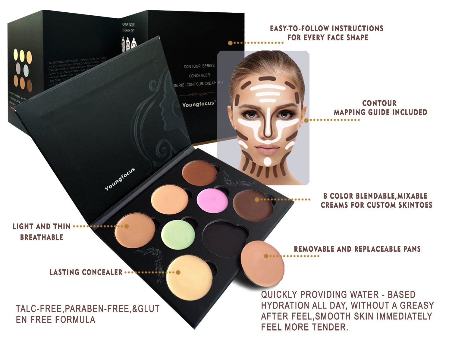 Youngfocus Cosmetics Cream Contour Best 8 Colors and Highlighting Makeup Kit - Contouring Foundation/Concealer Palette - Vegan, Cruelty Free & Hypoallergenic - Step-by-Step Instructions Included : Beauty