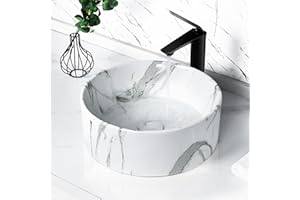 Tysun Round Vessel Sink, 16'' x 16'' Round Shape Bathroom Vessel Sink Modern Above Counter White Porcelain Ceramic Bathroom Lavatory Vanity Vessel Sink Art Basin with Pop-Up Drain