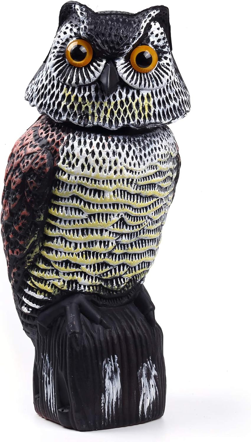 Jaryue Owl Decoy Bird Deterrent Rotating Head Fake Owl Scarecrow,Natural Enemy Owl Statues Bird Control