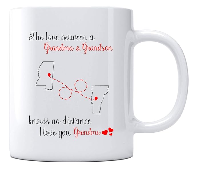 The Love Between Grandma And Grandson Knows No Distance Mississippi Vermont Long Distance Relationship Mom Gifts State, Thank You Gift For Mom From Daughter, Coffee Mug 11oz