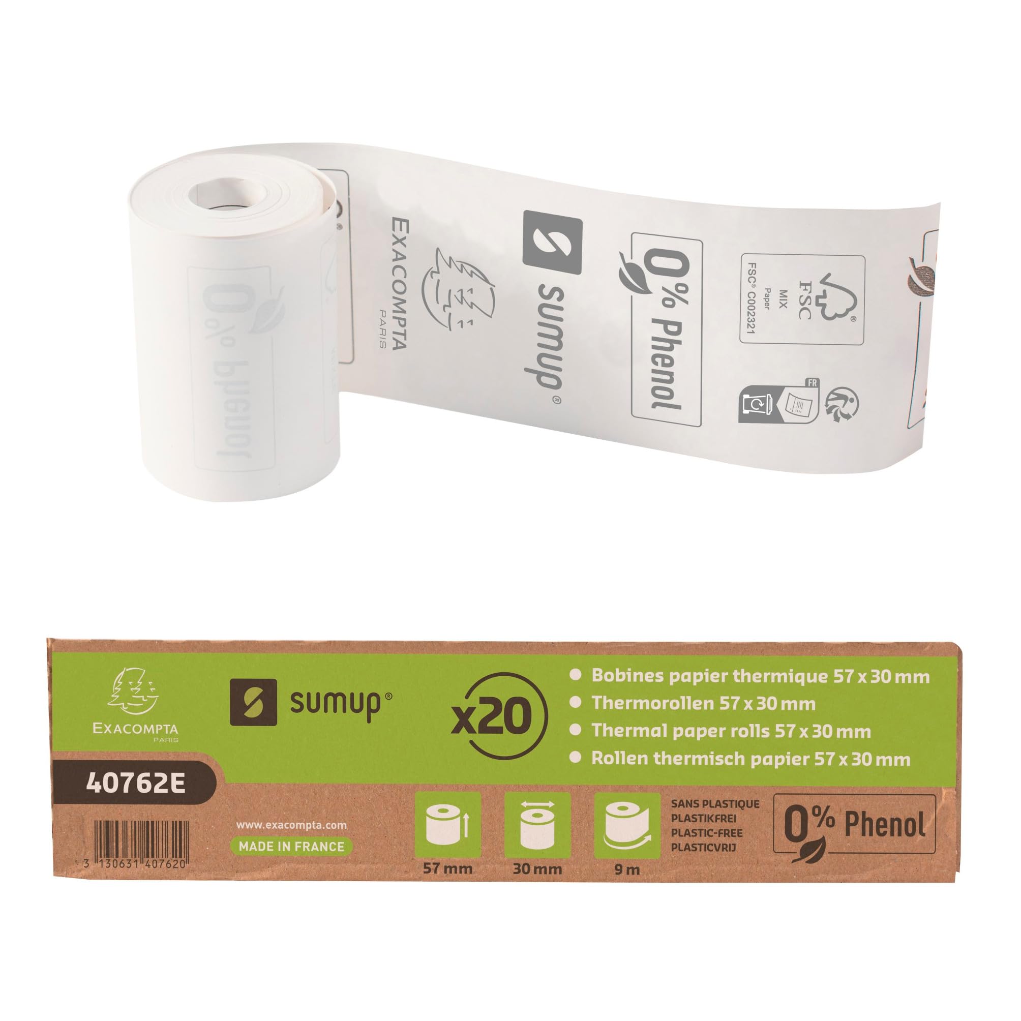 Exacompta SumUp - Ref. 40762E - Box of 20 Thermal Rolls for Credit Card 57x30mm, 1 Thermal ply 55g/m² Phenol-Free, Without Cardboard core, Zero Plastic Waste - Length +/-2m: 9m, White